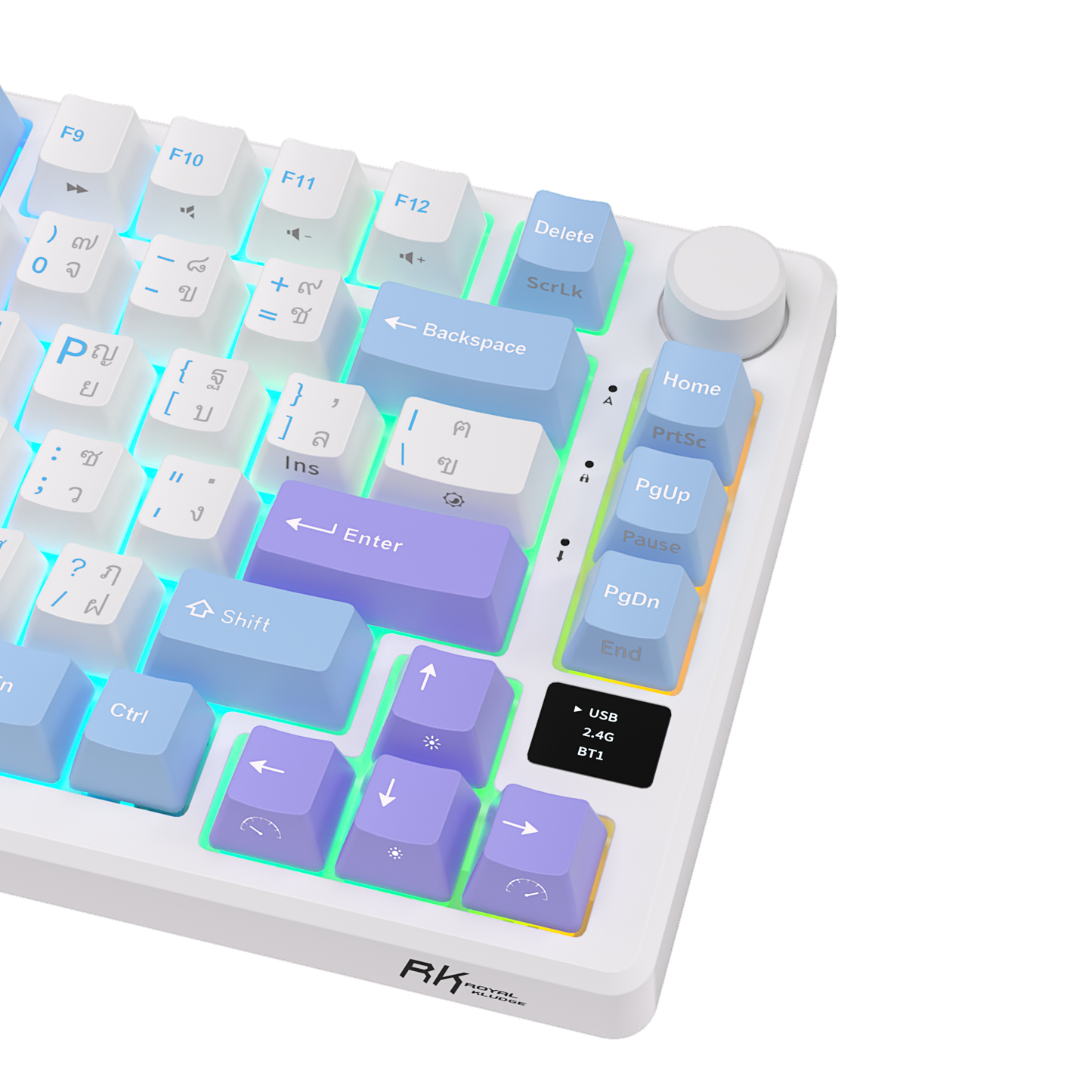 Close up of the keys on the right-side of the Royal Kludge M75 Triple Mode (RKM75) Taro Milk with RGB