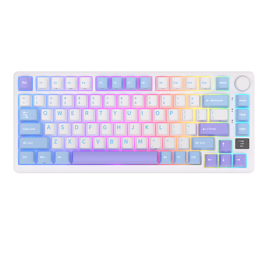 Royal Kludge M75 (RKM75) Taro Milk. Backlight color: Neon blue, green, yellow, peach, pink, magenta. Keycaps color scheme: pastel blue, lilac, and white.