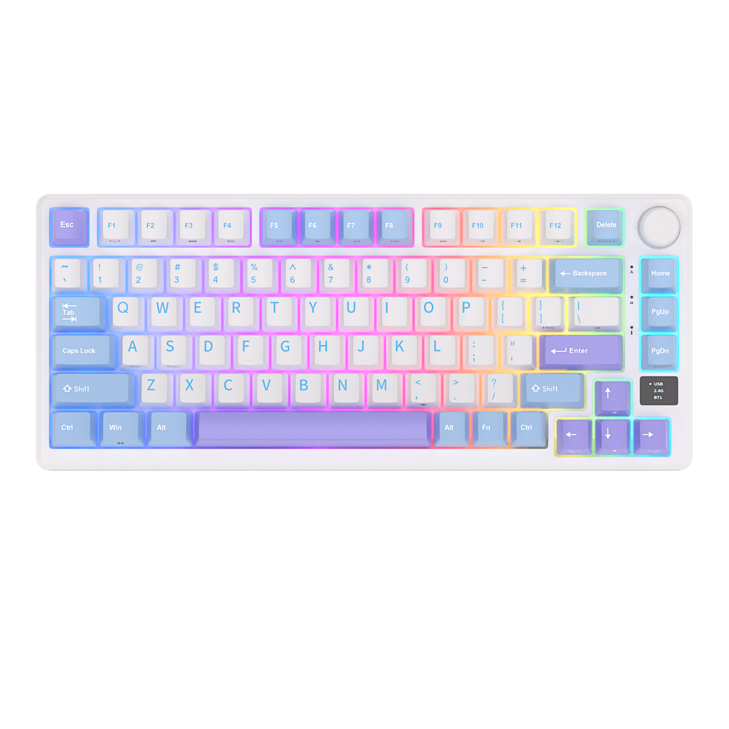 Royal Kludge M75 (RKM75) Taro Milk. Backlight color: Neon blue, green, yellow, peach, pink, magenta. Keycaps color scheme: pastel blue, lilac, and white.  