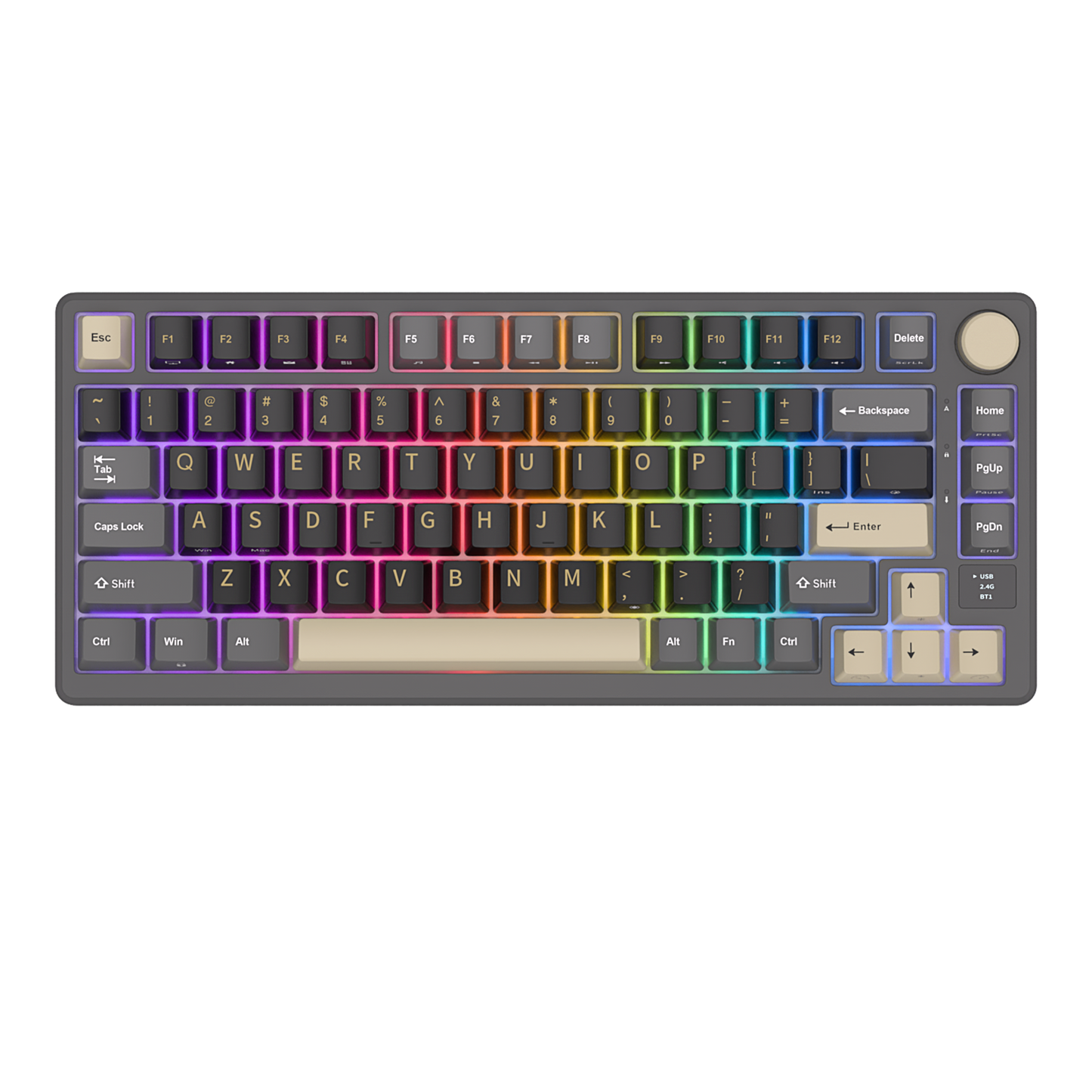 Royal Kludge M75 Triple Mode (RKM75) Phantom Front View with RGB backlight. 