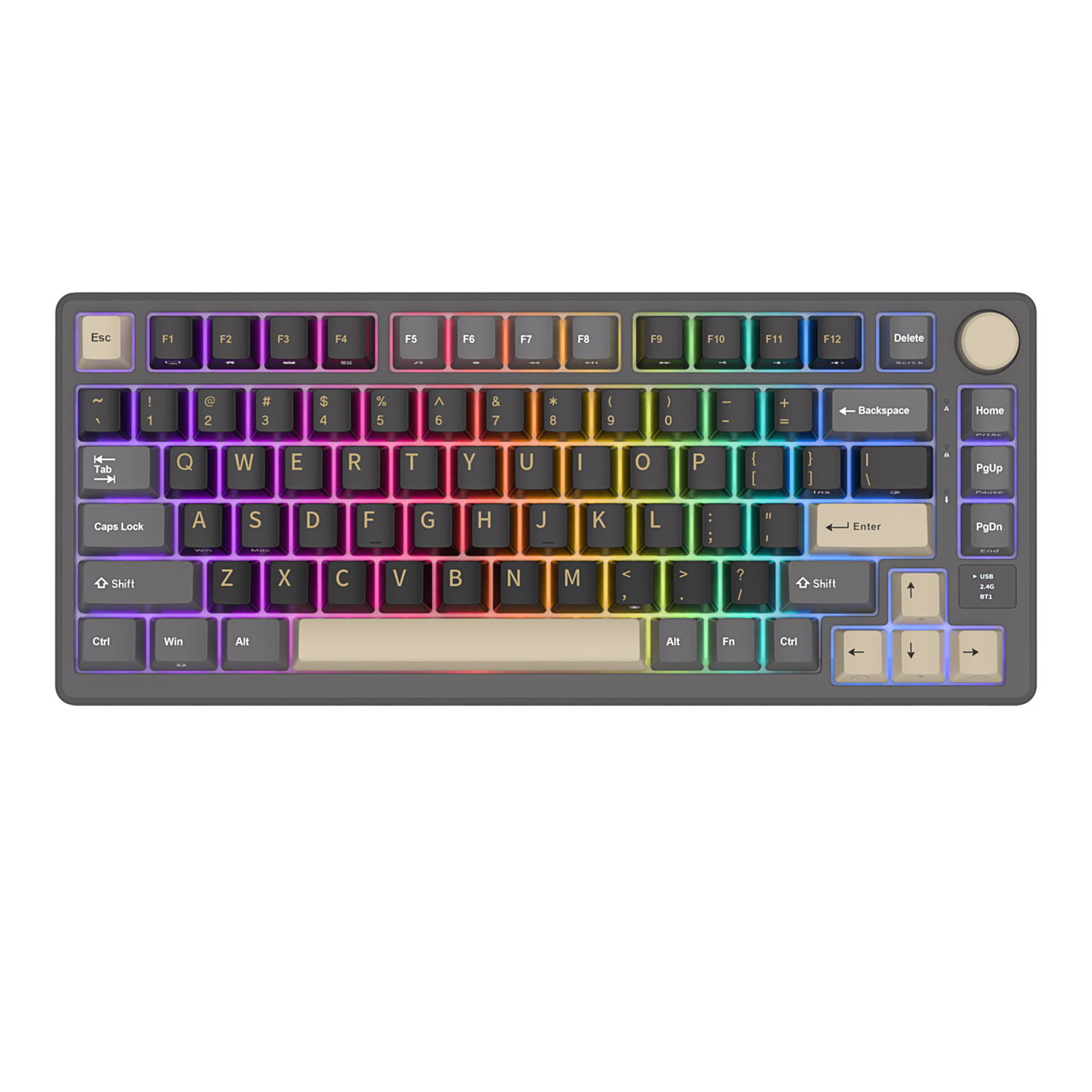 Royal Kludge M75 Triple Mode (RKM75) Phantom Front View with RGB backlight. 
