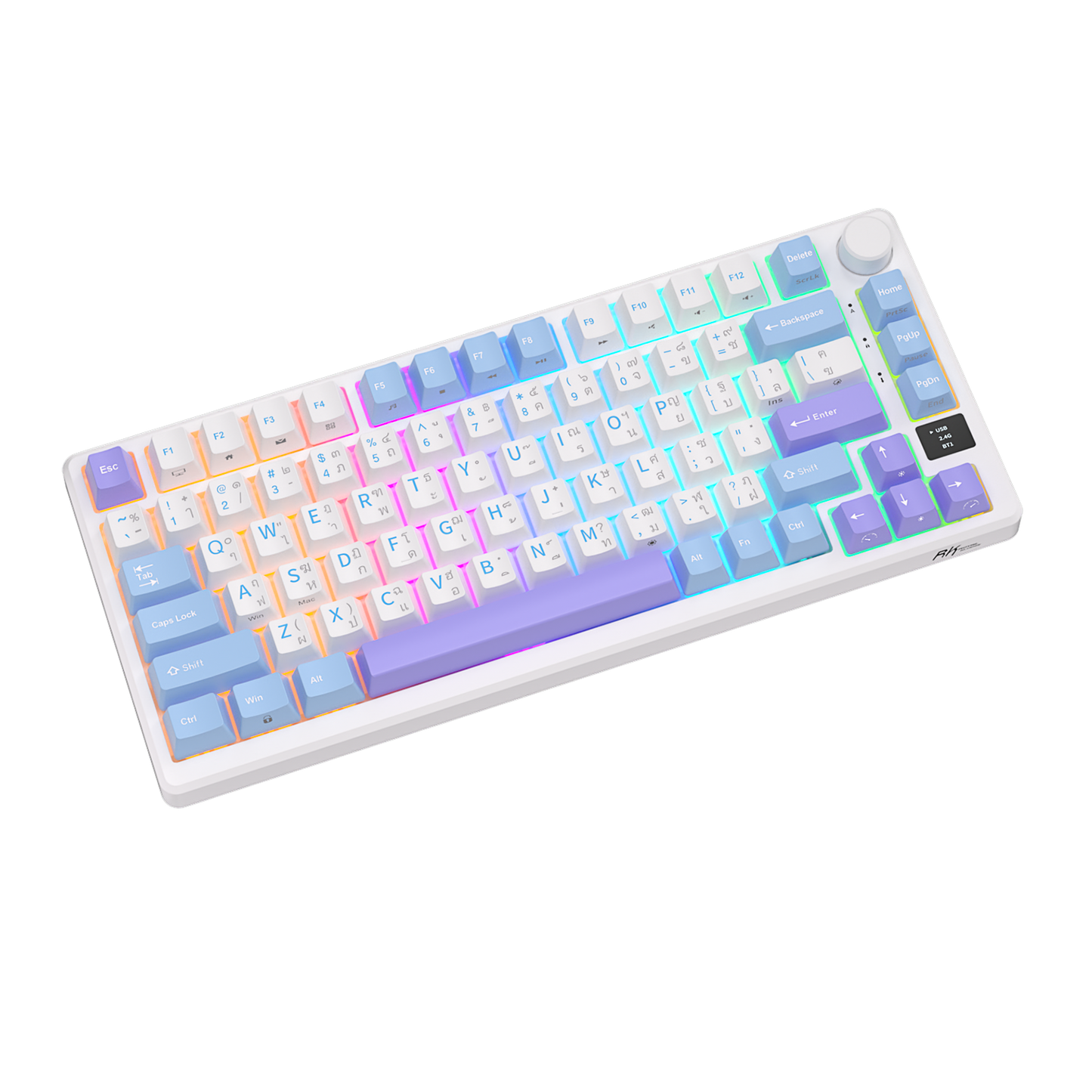 Royal Kludge M75 (RKM75) Taro Milk with backlit keyboard, diagonal position, tilted to the left. Light color scheme with pastels (blue, lavender and white keys keyboard)