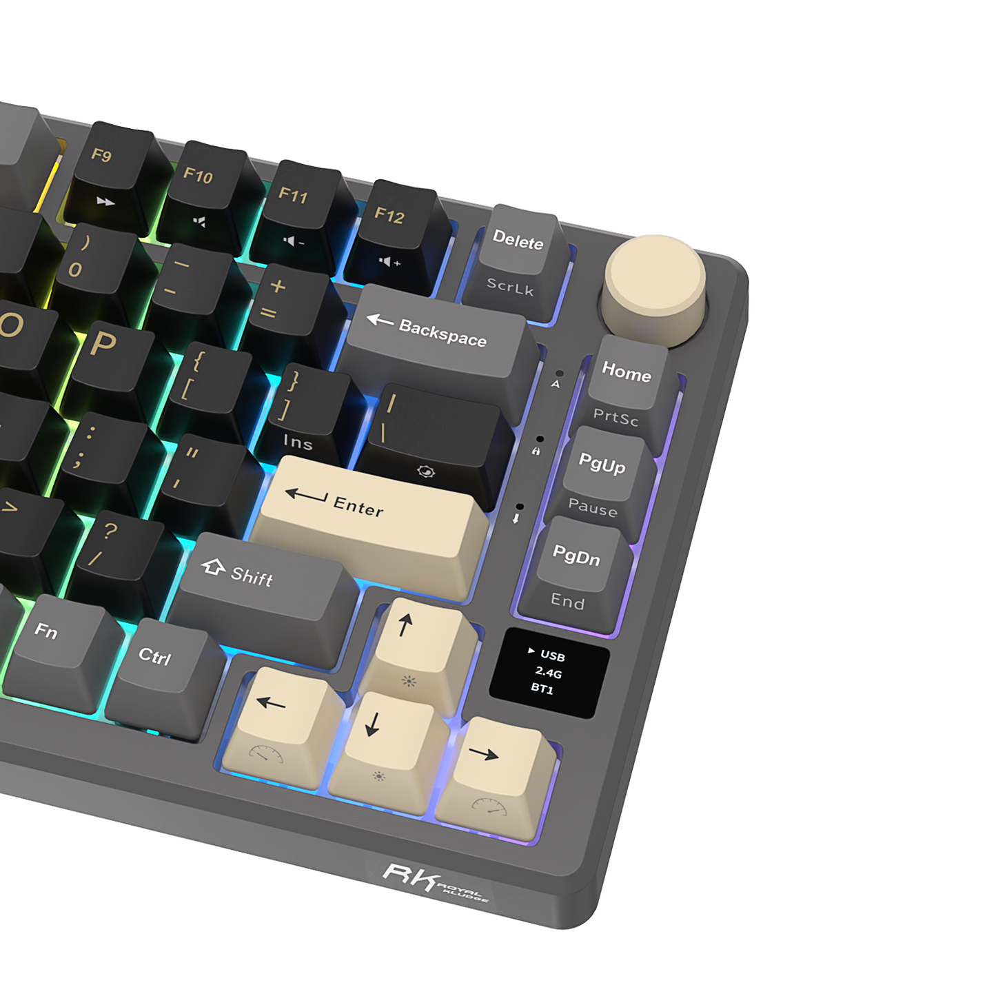 Close up of the keys on the right-side of the Royal Kludge M75 Triple Mode (RKM75) Phantom with RGB