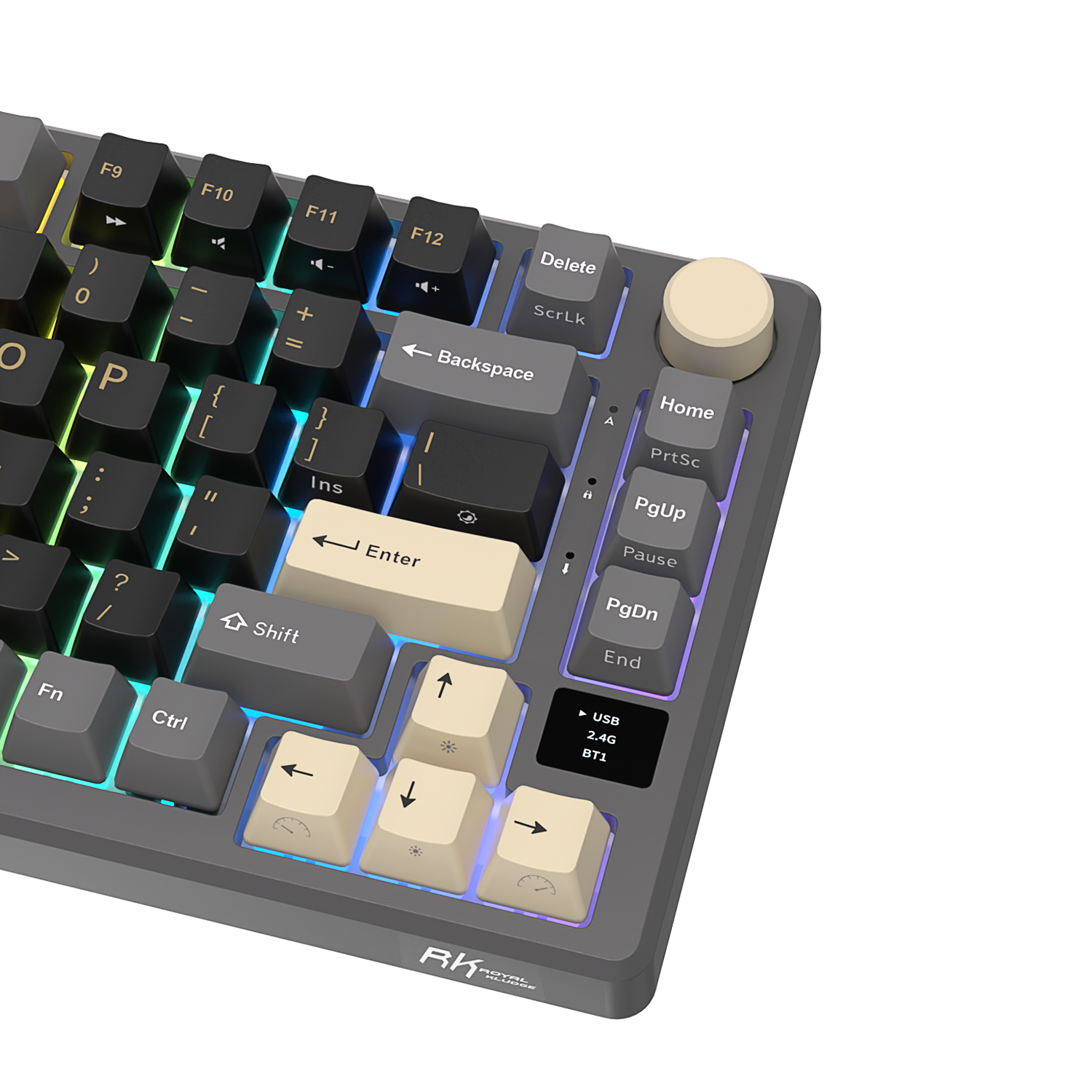 Close up of the keys on the right-side of the Royal Kludge M75 Triple Mode (RKM75) Phantom with RGB