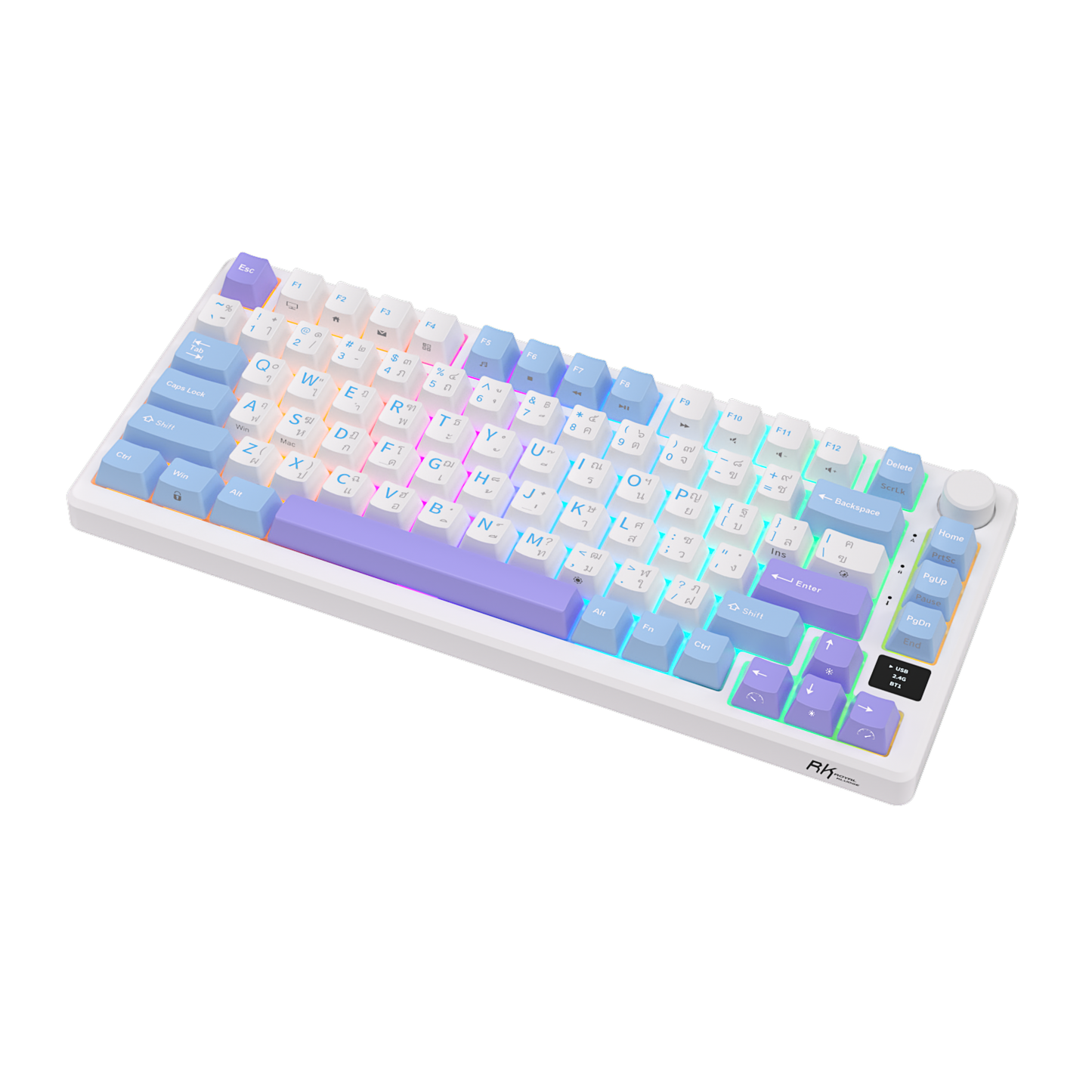 Royal Kludge M75 (RKM75) Taro Milk variant placed diagonally on the surface, tilted towards the right. Visible RK logo on the bottom right.