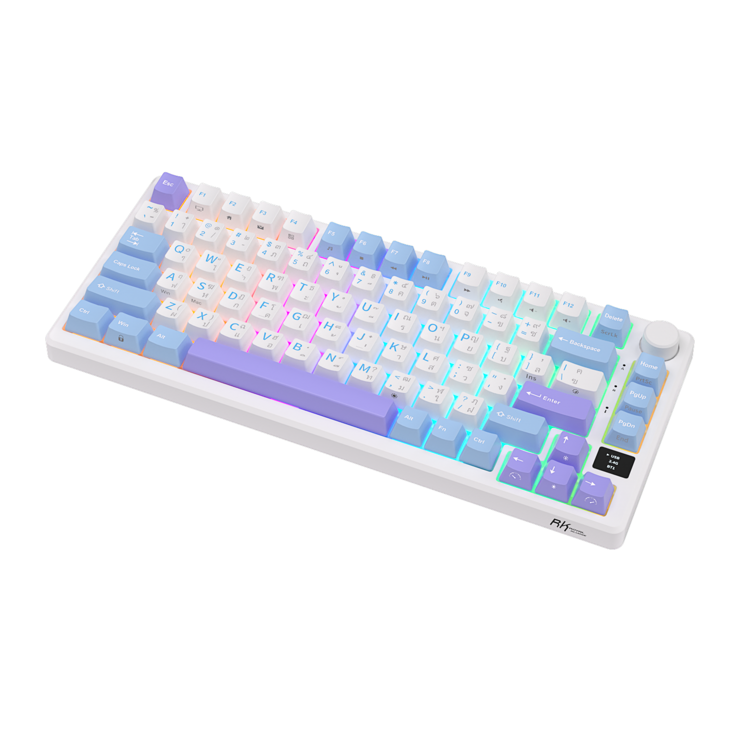 Royal Kludge M75 (RKM75) Taro Milk variant placed diagonally on the surface, tilted towards the right. Visible RK logo on the bottom right.