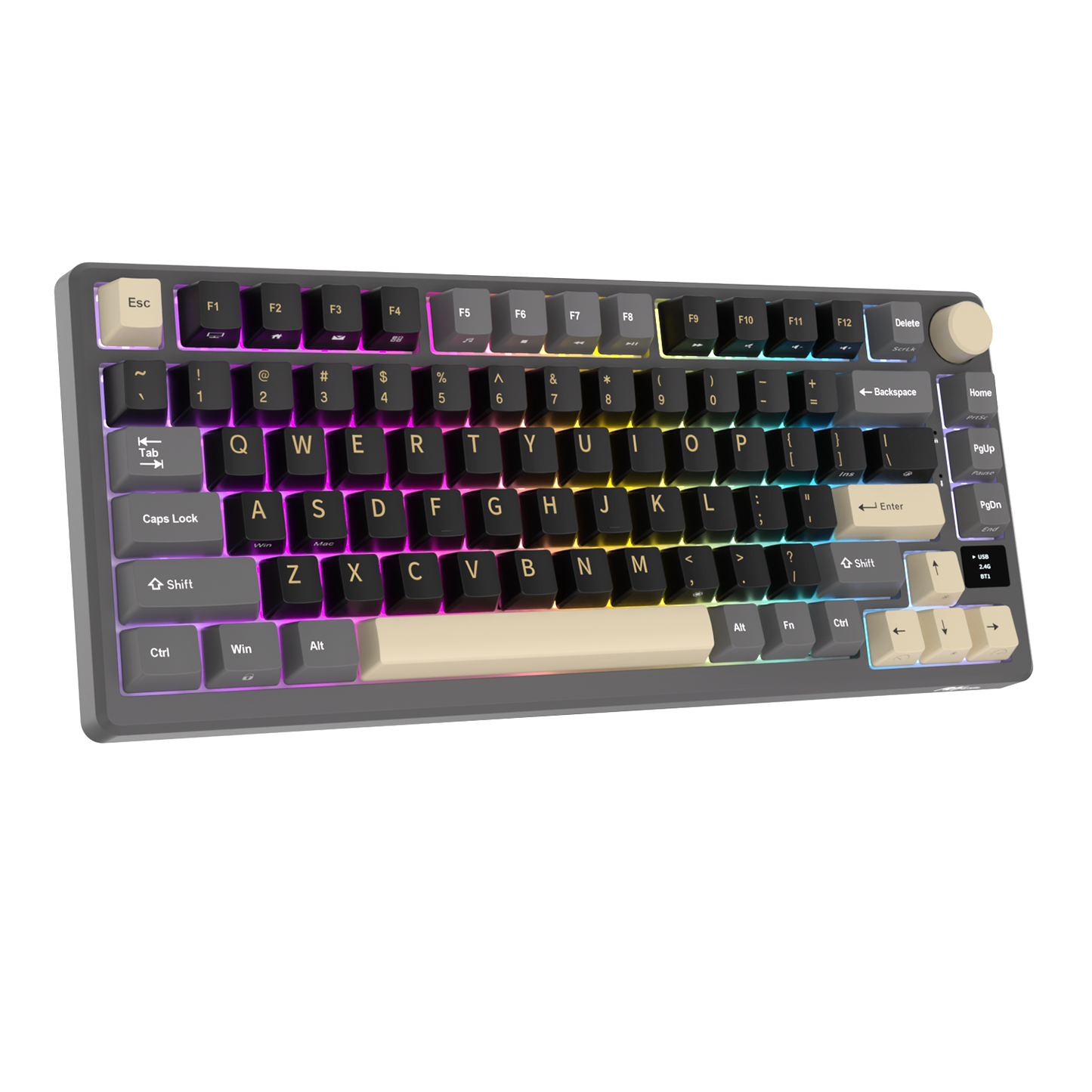 Royal Kludge M75 Triple Mode (RKM75) Phantom Front View with RGB, tilted to the left