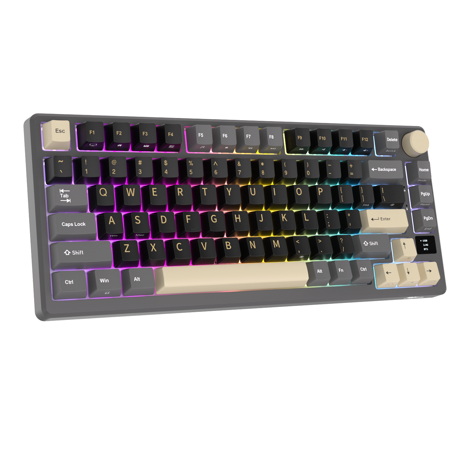 Royal Kludge M75 Triple Mode (RKM75) Phantom Front View with RGB, tilted to the left