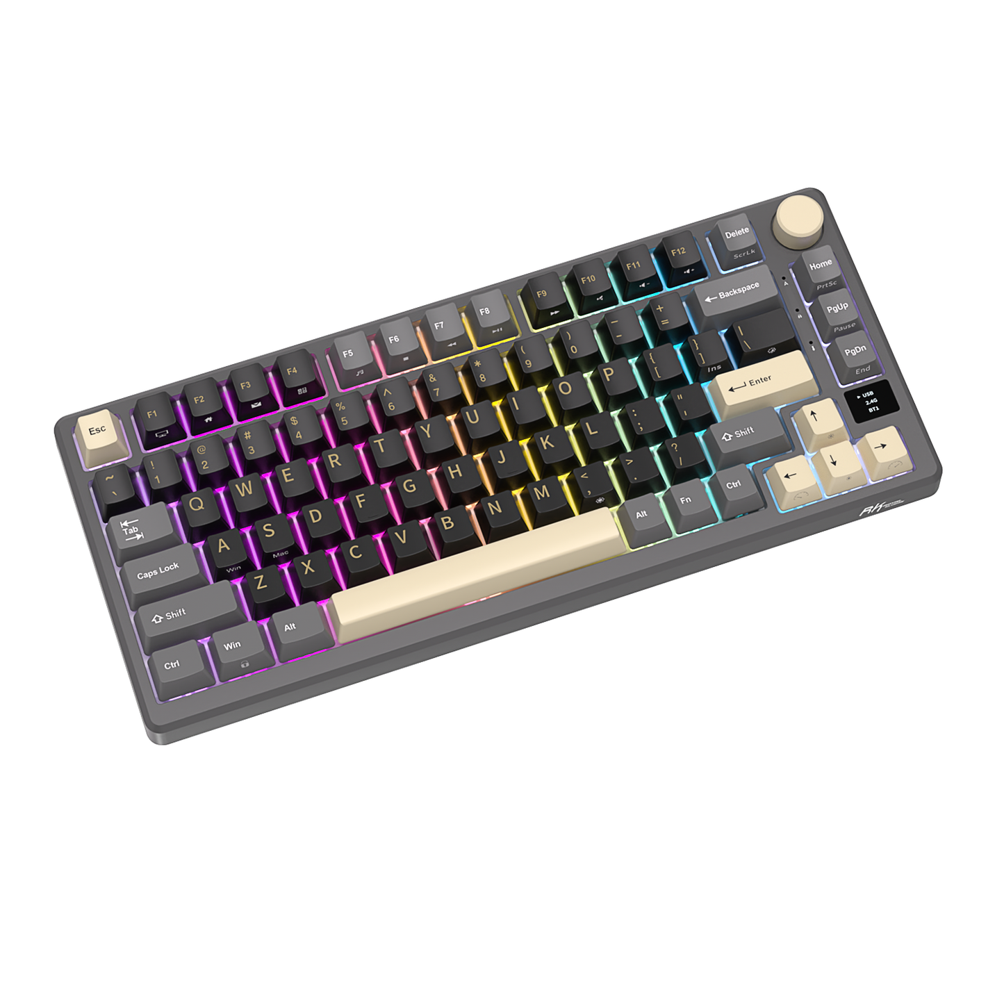 Royal Kludge M75 Triple Mode (RKM75) Phantom with RGB placed diagonally on the surface