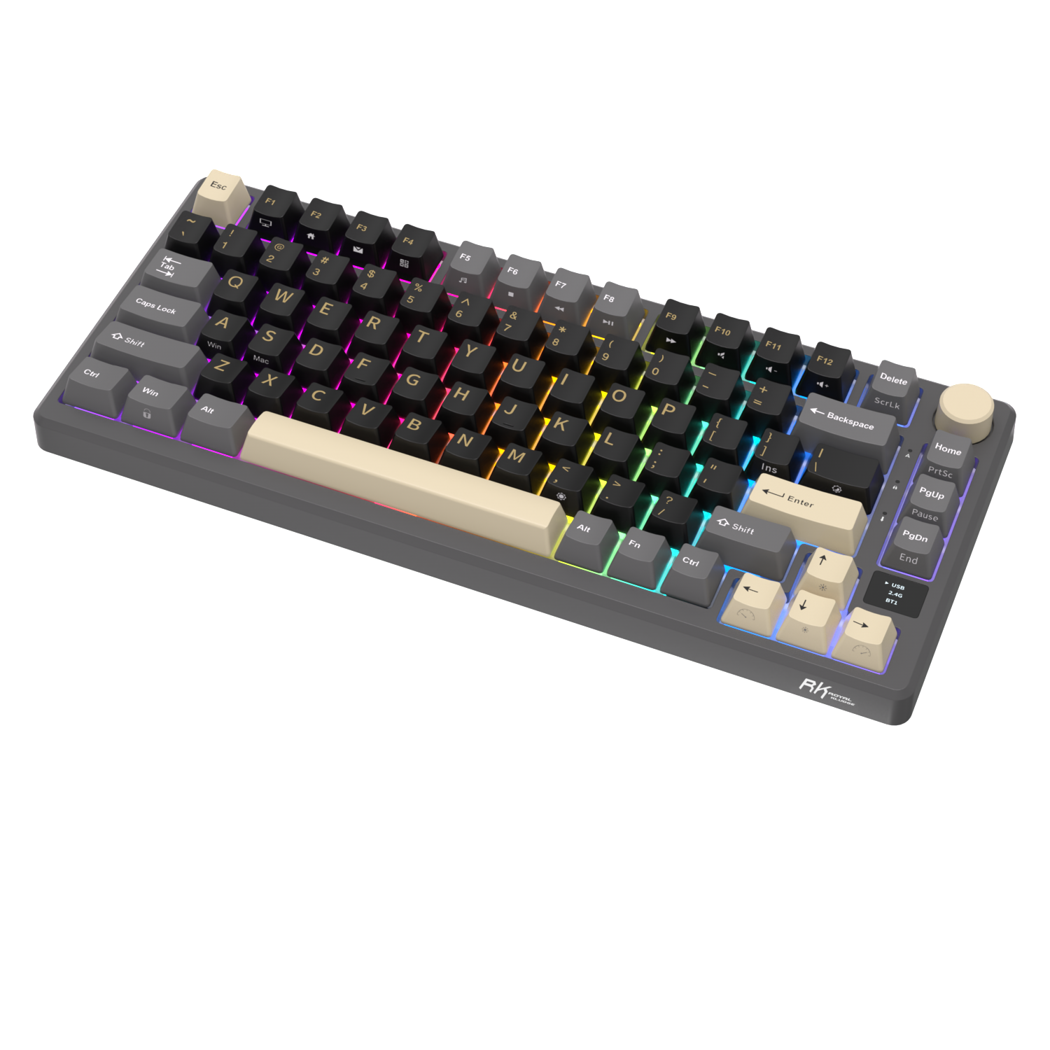 Another diagonal view of Royal Kludge M75 Triple Mode (RKM75) Phantom  with RGB with visible brand logo on the bottom right corner